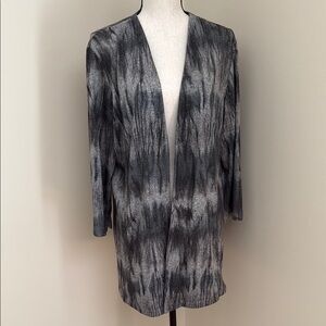 Chico's 2 Large Gray Black Open Front Long Cardigan Silver Metallic POCKETS
